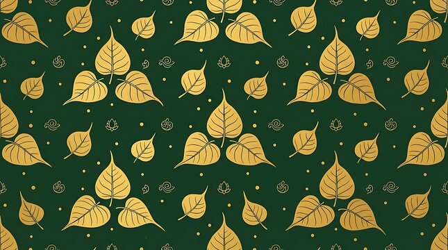 Golden bodhi leaf seamless pattern on dark emerald green background