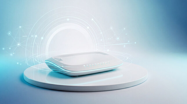 A sleek wireless router displayed on a circular platform with glowing digital signal graphics, symbolizing fast internet, smart connectivity, and modern home networking.