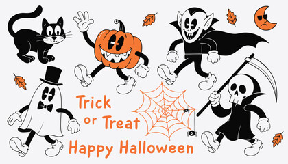Fototapeta premium Halloween characters and symbols in playful poses on gray background