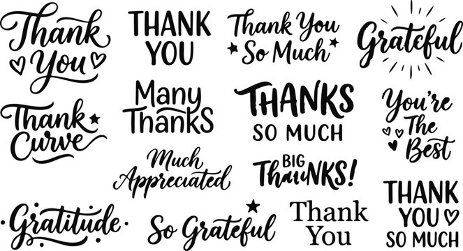 Icon sat collection diverse hand lettered thank you phrases for cards gifts digital designs