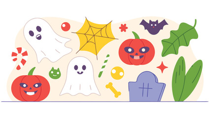 Fototapeta premium Halloween icons including ghosts pumpkins spider web and tombstone on beige background