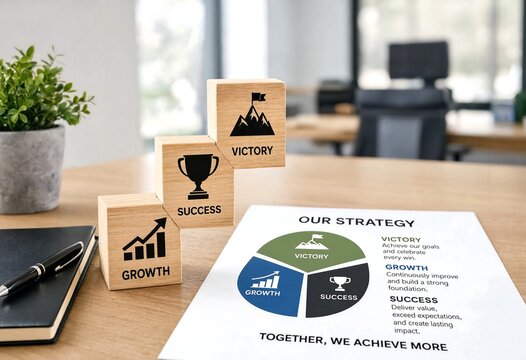 Business strategy concept with wooden blocks and strategy document