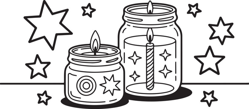 Black and white outline of burning candles in glass jars surrounded by stars for coloring book page or mindfulness art activity sheet.