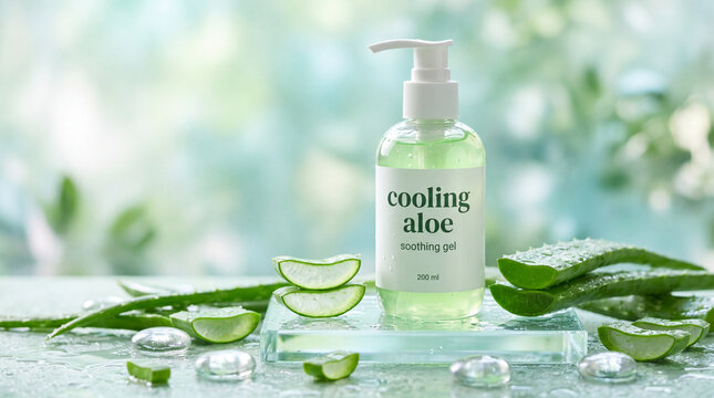 A transparent pump bottle of cooling aloe gel displayed with fresh aloe vera leaves and sliced gel pieces in a bright natural wellness setting.