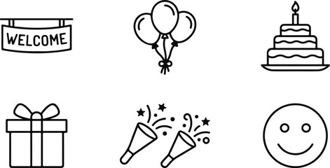 Fototapeta premium Icon sat collection black line party icons welcome banner balloons cake gift poppers smiley face