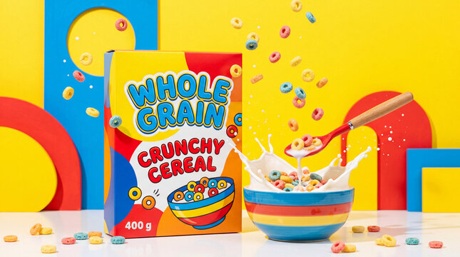 A vibrant box of crunchy breakfast cereal displayed beside a filled bowl with flying cereal pieces in a playful yellow and blue setting.