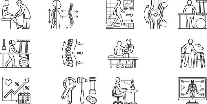 Physical Therapy Rehabilitation Line Art Icon Set with Orthopedic Care and Mobility Recovery