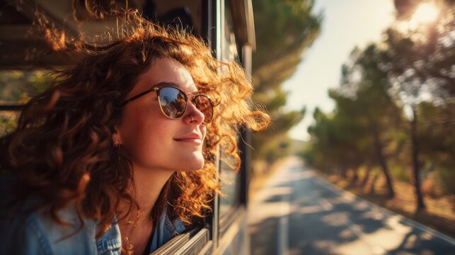 Young woman enjoying scenic road trip from bus window wearing sunglasses in warm golden sunset light