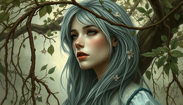 Fantasy portrait of a young woman with silver hair among branches in a forest