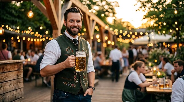 Smiling man holding large beer mug in festive outdoor beer garden