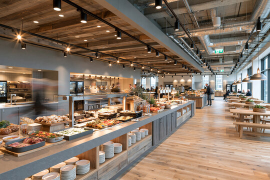 Busy corporate cafeteria, motion blur business concept