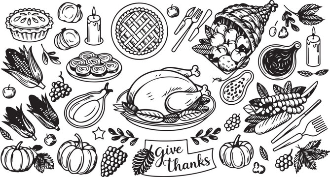 Thanksgiving set, traditional holiday food, autumn harvest elements, festive dinner symbols, cornucopia, pumpkin pie, turkey.