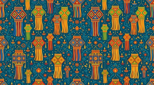 Festive indian lantern and oil lamp seamless pattern for diwali