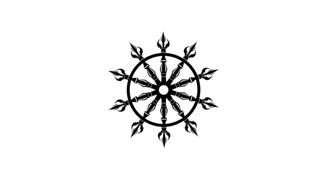 Ornate black ship wheel or religious dharmachakra symbol.