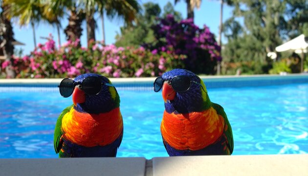  Two Colorful Parrots Wearing Sunglasses by a Tropical Swimming Pool