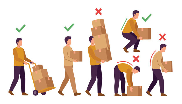 Ergonomic lifting posture vector concept demonstrating safe manual handling techniques versus wrong positions with cardboard boxes for worker safety.