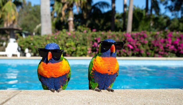  Two Colorful Parrots Wearing Sunglasses by a Tropical Swimming Pool