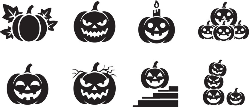 Halloween pumpkins with carved faces candle and stacked jackolanterns for spooky holiday celebrations.