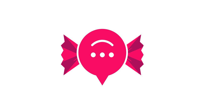 Pink candy wrapper logo with happy chat bubble