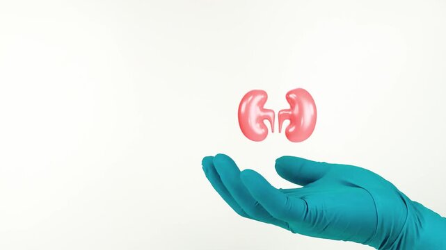 A doctor's hand, wearing green gloves, shows a kidney. Kidney health, prevention of chronic kidney failure, routine urological examination. Image isolated on a white background.