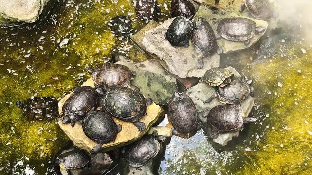 flock of river turtles sit lies and rests on rocks stone in water of river swamp lake, top view. wild animal reptile turtle back. green summer nature tropical forest jungle fog day light video footage