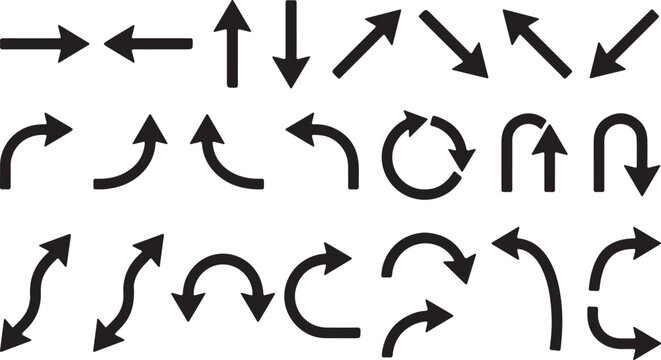 Arrows featuring bold strokes and curved shapes illustrate various navigational movements for visual communication projects.