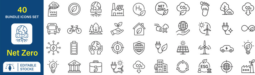 Net Zero & Sustainability Vector Outline Icons Set – ESG, Carbon Neutral, Renewable Energy and Green Business Line Symbols Collection © MdShah