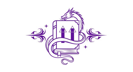 Purple dragon wrapped around magic book with arrows. © Nmm