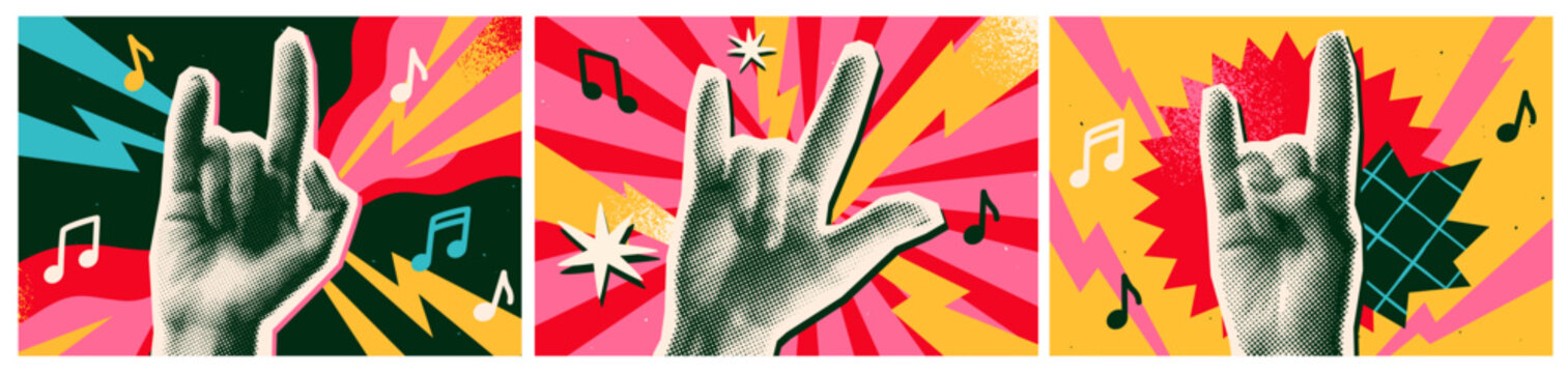 Set of three vibrant retro posters with rock hand gestures, music notes, halftone texture and bold abstract shapes. Vector illustration