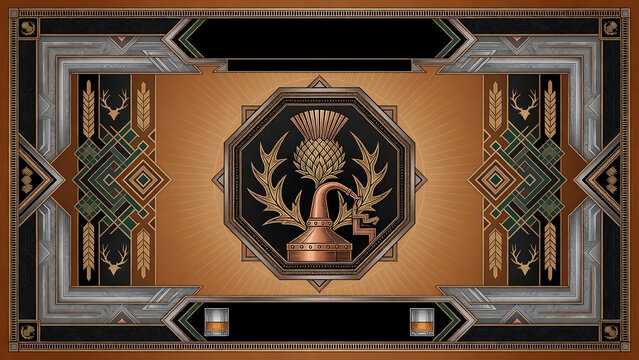 Art deco whiskey background with thistle and copper still, framed by geometric patterns and glasses of whiskey.