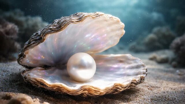 Open oyster shell displaying a luminous pearl underwater with elegant marine luxury and natural beauty