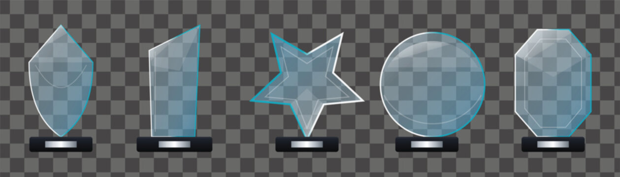 Five different glass award trophies with silver labels on dark bases for various honors.