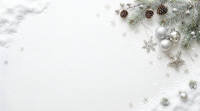 Christmas pine branches with ornaments and pinecones in a festive border