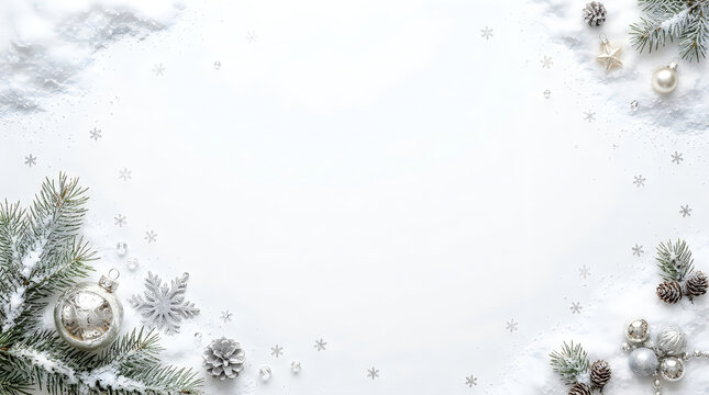 Christmas festive frame with pine branches and silver ornaments