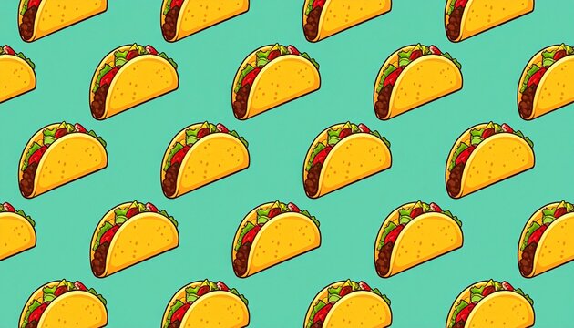 Pop art tacos repeating diagonally on turquoise vibrant background