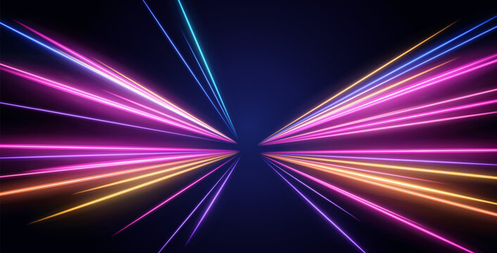Neon Light Ray Speed Motion Background With Pink Blue Cyan And Orange Trails In Perspective