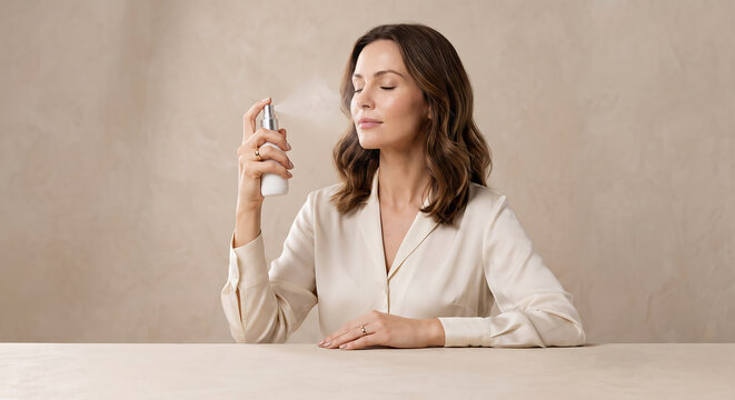 Woman with eyes closed spraying facial mist from unlabeled bottle at table on beige background