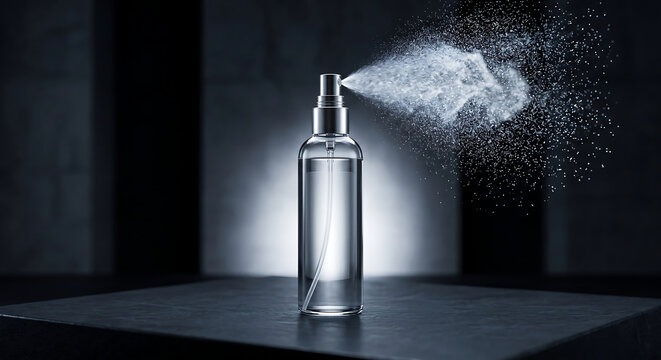 Transparent unlabeled spray bottle releasing fine mist on dark grey surface with dramatic lighting
