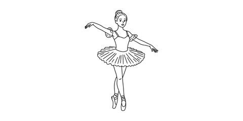 A cute little ballerina girl dancing in a ballet tutu dress performing a graceful pose as a black and white line art drawing for kids coloring page © Next to Work