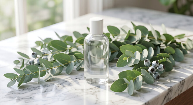 Transparent unlabeled glass bottle on marble surface surrounded by fresh eucalyptus leaves