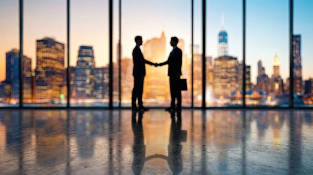 Business partnership success handshake deal with city skyline for corporate growth