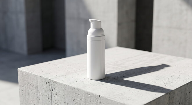 White unlabeled pump bottle on concrete block with hard shadow and grey minimalist background