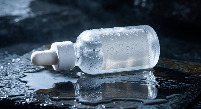 Transparent unlabeled serum dropper bottle lying on wet dark surface with water droplets and reflection