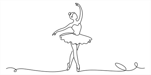Continuous single line drawing of a graceful ballerina dancer performing a dance pose wearing a tutu dress in a simple minimalist artistic style © Next to Work