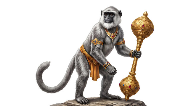 Mythological Gray Monkey with Golden Mace and Royal Ornaments, Fantasy Digital Illustration
