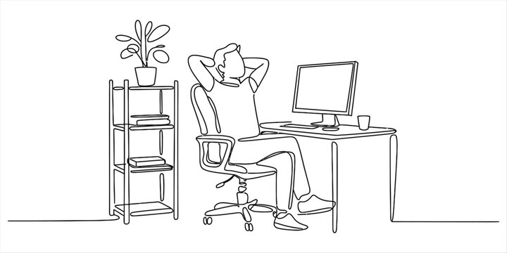 Man sitting at desk relaxing and working on a computer in a modern home office in a continuous single line drawing style illustration