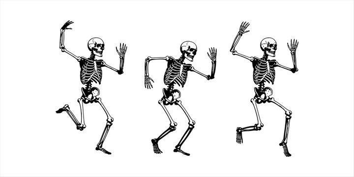 Three funny human skeletons dancing and having fun in different poses isolated illustration