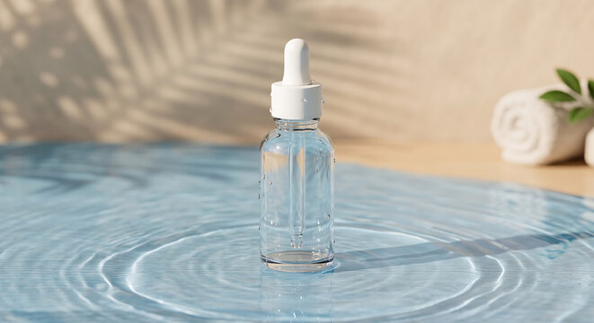 Transparent unlabeled dropper bottle standing in rippling water with palm leaf shadow on beige background