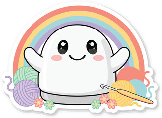 Naklejka premium Happy white ghost character standing under a vibrant rainbow with colorful yarn balls and flowers