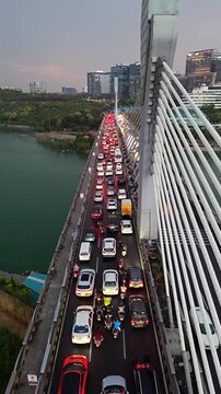 Aerial shot of Heavy Traffic Jam at Durgam Cheruvu Bridge in Hyderabad, India